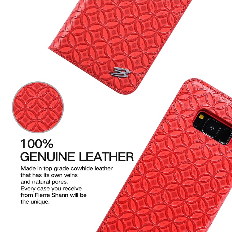 FIERRE SHANN Chinese Coin Texture Genuine Leather Card Slot Case for Samsung Galaxy S8 G950 - Red-6