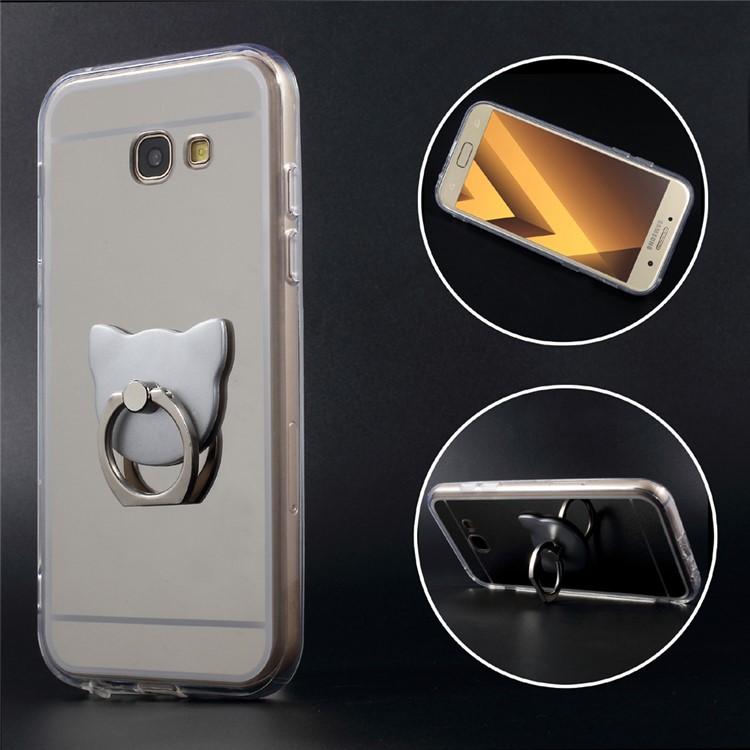 Plating Mirror-like TPU PC Hybrid Phone Case with Bear Kickstand for Samsung Galaxy A7 (2017) SM-A720F - Silver-1