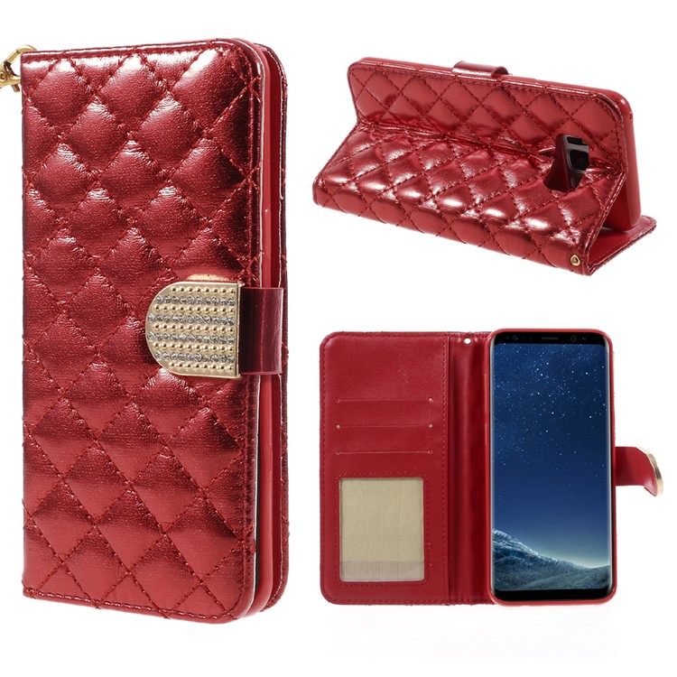 Quilted Plaid Wallet Stand Leather Phone Cover Case with Strap for Samsung Galaxy S8 Plus G955 - Red-1