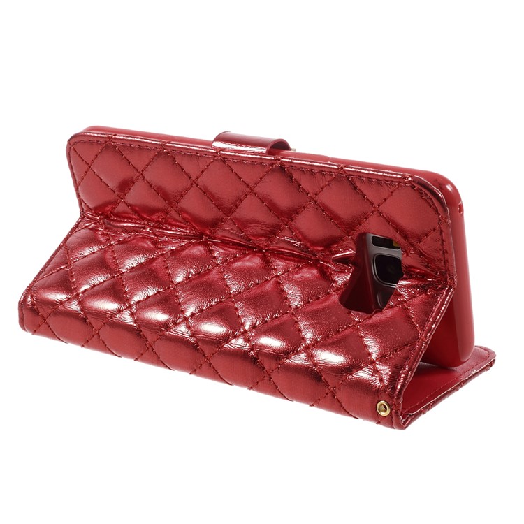 Quilted Plaid Wallet Stand Leather Phone Cover Case with Strap for Samsung Galaxy S8 Plus G955 - Red-4