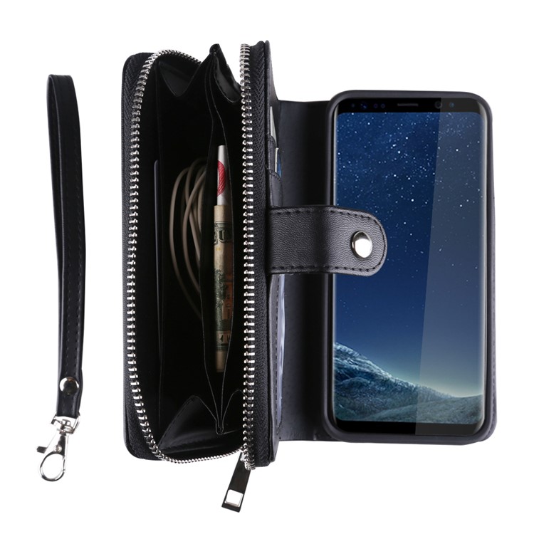 For Samsung Galaxy S8+ G955 Woven Texture Detachable 2-in-1 TPU Zipper Leather Wallet Case - Black-1