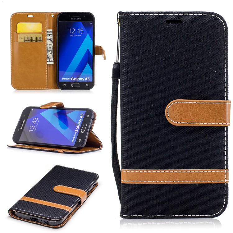 

Contrast Color Jeans Cloth Leather Stand Mobile Phone Casing for Samsung Galaxy A5 (2017) A520 - Black