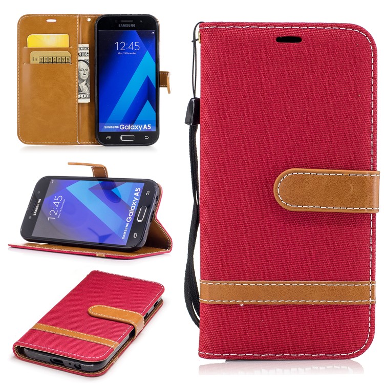 

Bi-Color Jeans Cloth Leather Stand Mobile Phone Casing for Samsung Galaxy A5 (2017) A520 - Red