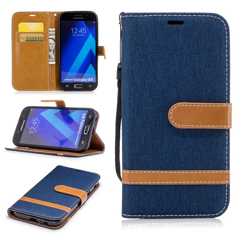 

Contrast Color Jeans Cloth Leather Mobile Phone Case with Stand for Samsung Galaxy A5 (2017) A520 - Dark Blue