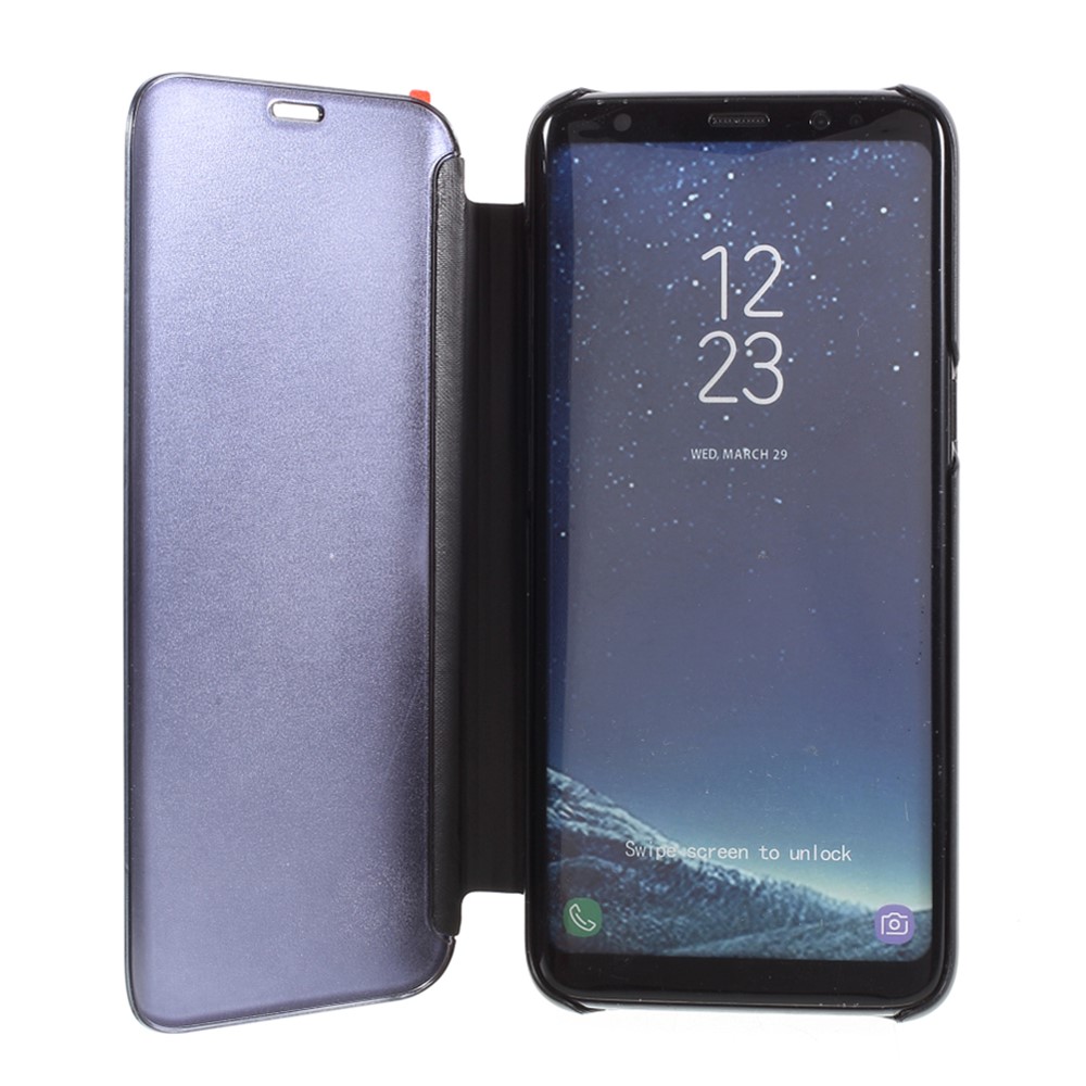 Custodia in pelle con superficie specchiata argentata, finestra di visualizzazione e supporto per Samsung Galaxy S8 G950 - Nero.