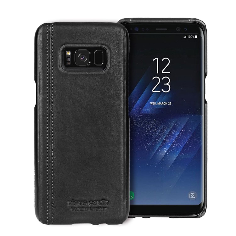 PIERRE CARDIN Stitched Genuine Leather Coated Hard PC Case for Samsung Galaxy S8+ SM-G955 - Black-1