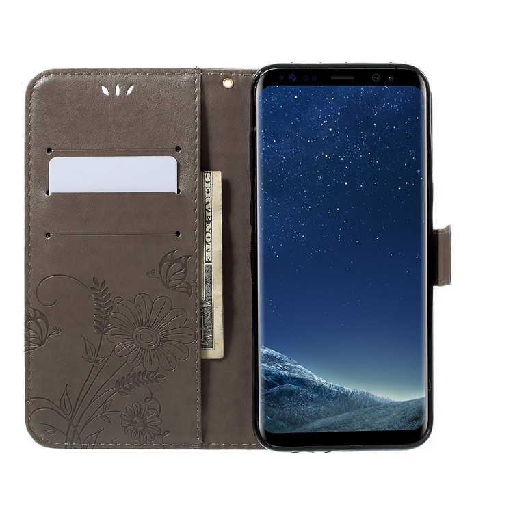 Imprint Butterfly & Flower Leather Wallet Case for Samsung Galaxy S8 Plus G955 - Grey-6