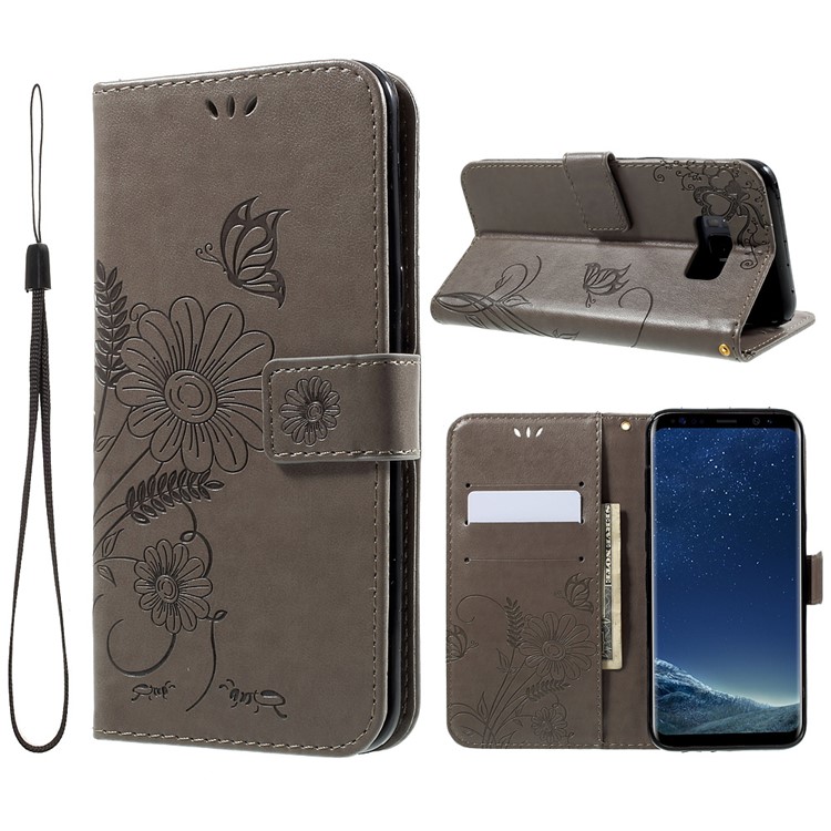 Imprint Butterfly & Flower Leather Phone Case for Samsung Galaxy S8 G950 - Grey-1