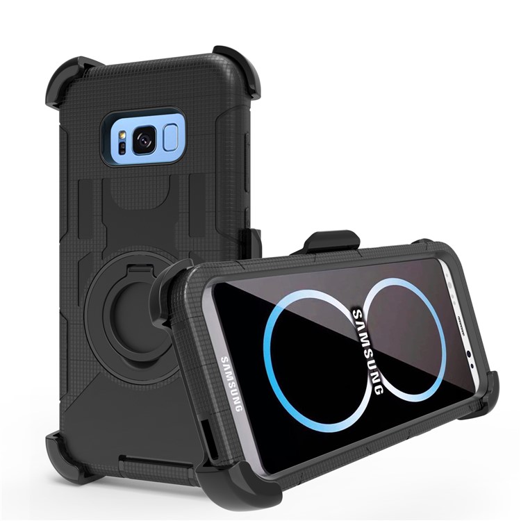 Ring Kickstand Heavy Duty Silicone + PC Hybrid Case with Belt Clip for Samsung Galaxy S8 G950 - Black-1