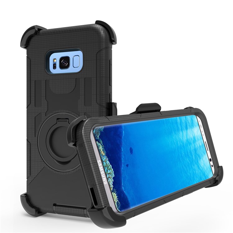 Heavy Duty Silicone + PC Hybrid Mobile Case with Belt Clip and Ring Kickstand for Samsung Galaxy S8 Plus G955 - Black-1