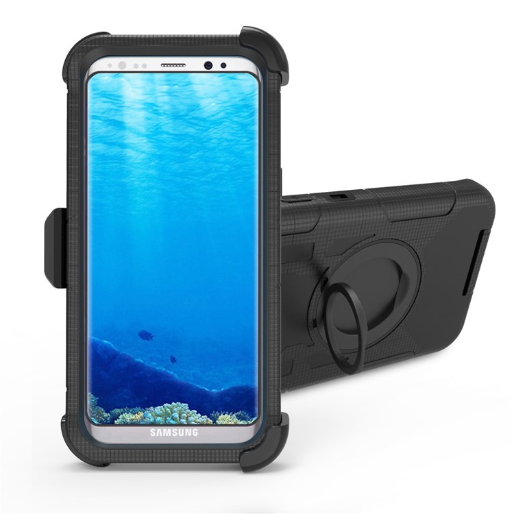 Heavy Duty Silicone + PC Hybrid Mobile Case with Belt Clip and Ring Kickstand for Samsung Galaxy S8 Plus G955 - Black-6