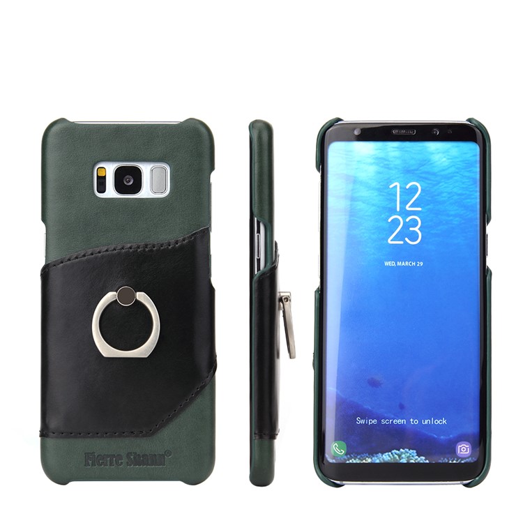 FIERRE SHANN Cowhide Genuine Leather Skin Hard Back Case with Grip Holder for Samsung Galaxy S8+ SM-G955 - Green-1
