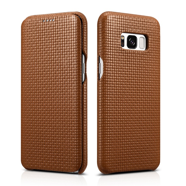 ICARER Woven Pattern Cowhide Leather Phone Cover for Samsung Galaxy S8 Plus G955 - Brown-1