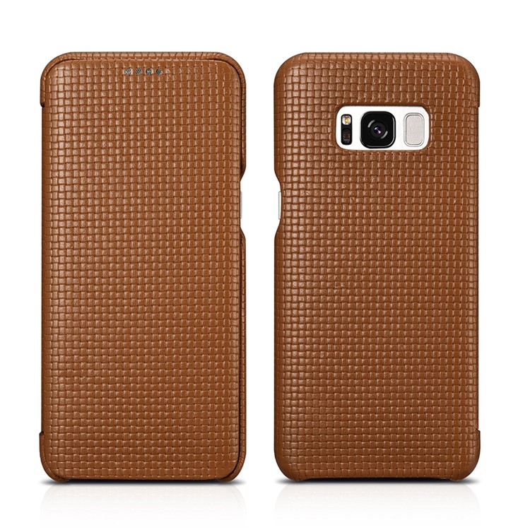 ICARER Woven Pattern Cowhide Leather Phone Cover for Samsung Galaxy S8 Plus G955 - Brown-2