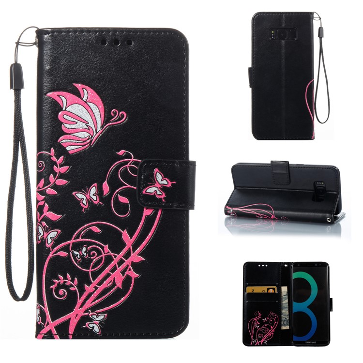 Imprint Colored Butterfly and Flower Leather Wallet Case for Samsung Galaxy S8 G950 - Black-1