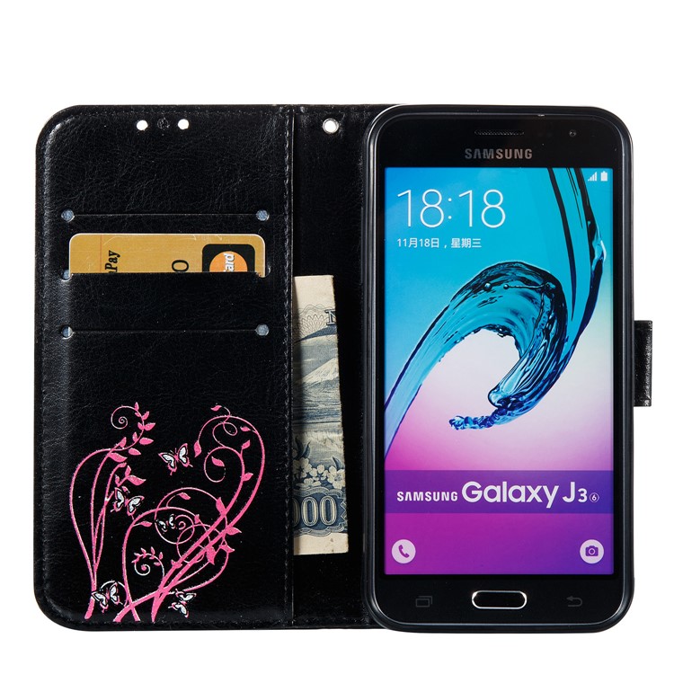 Wallet PU Leather Stand Butterfly Flower Case for Samsung Galaxy J3 (2016) / J3 J320 - Black-6