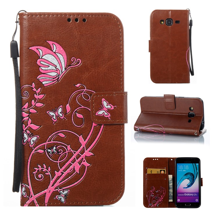 

Wallet PU Leather Stand Butterfly Flower Case for Samsung Galaxy J3 (2016) / J3 J320 - Brown, Galaxy J3 (2016)