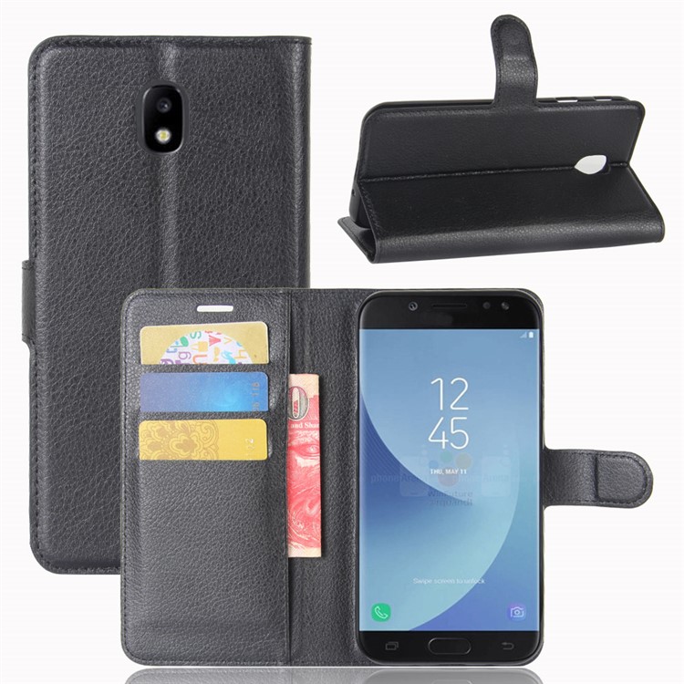 Litchi Skin PU Leather Willet Stand Case de Teléfono Protector Para Samsung Galaxy J5 (2017) Versión de la ue - Negro