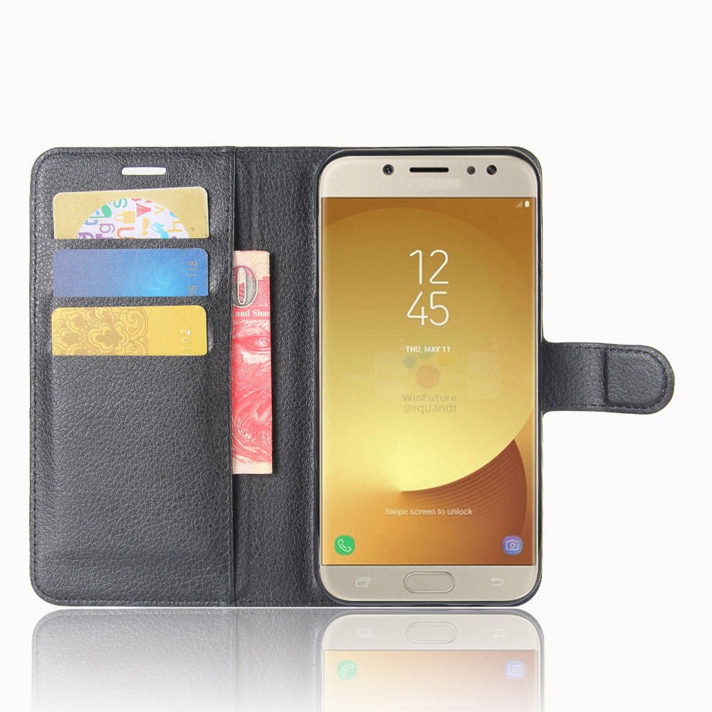 Litchi Skin Wallet Leather Flip Com Stand For Samsung Galaxy J7 (2017) Versão da ue - Preto