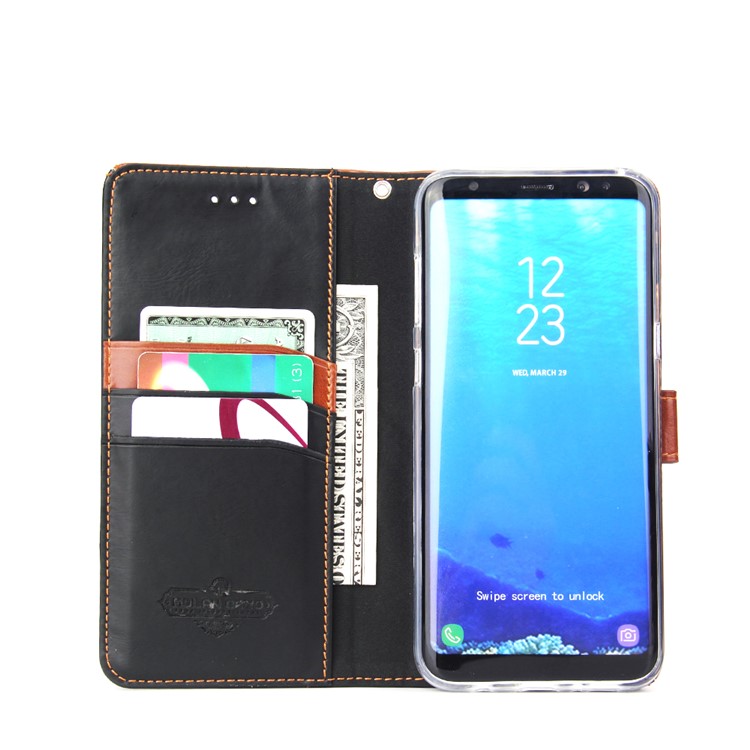 MOLAN CANO Splicing Bi-color Leather Wallet Stand Phone Case for Samsung Galaxy S8+ SM-G955 - Brown-4