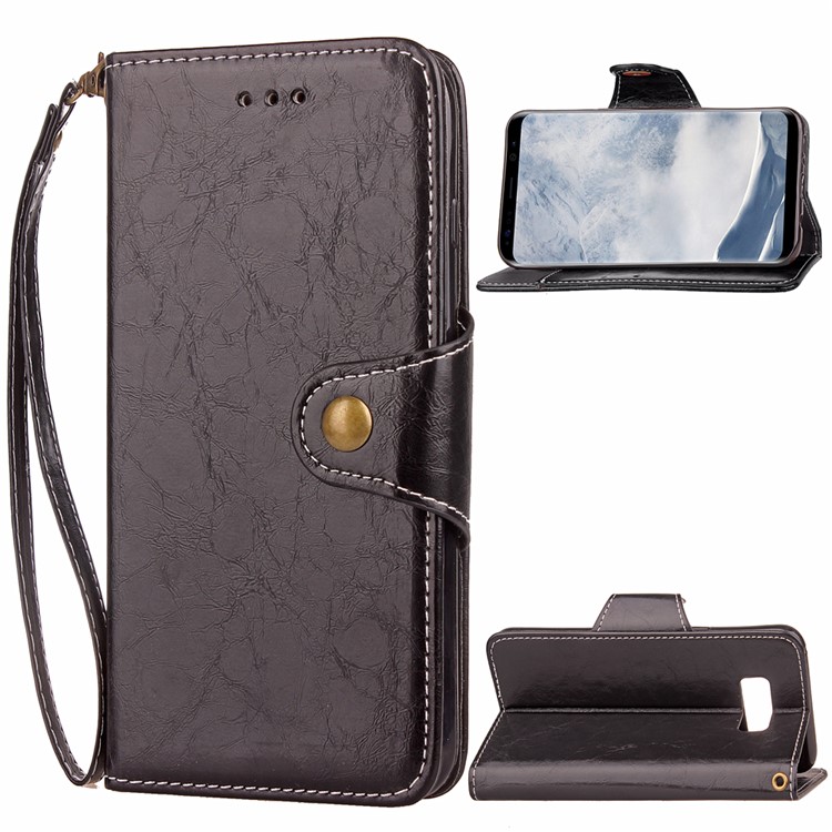Vintage Style Button Closure PU Leather Wallet Phone Casing with Lanyard for Samsung Galaxy S8 Plus G955 - Black-1