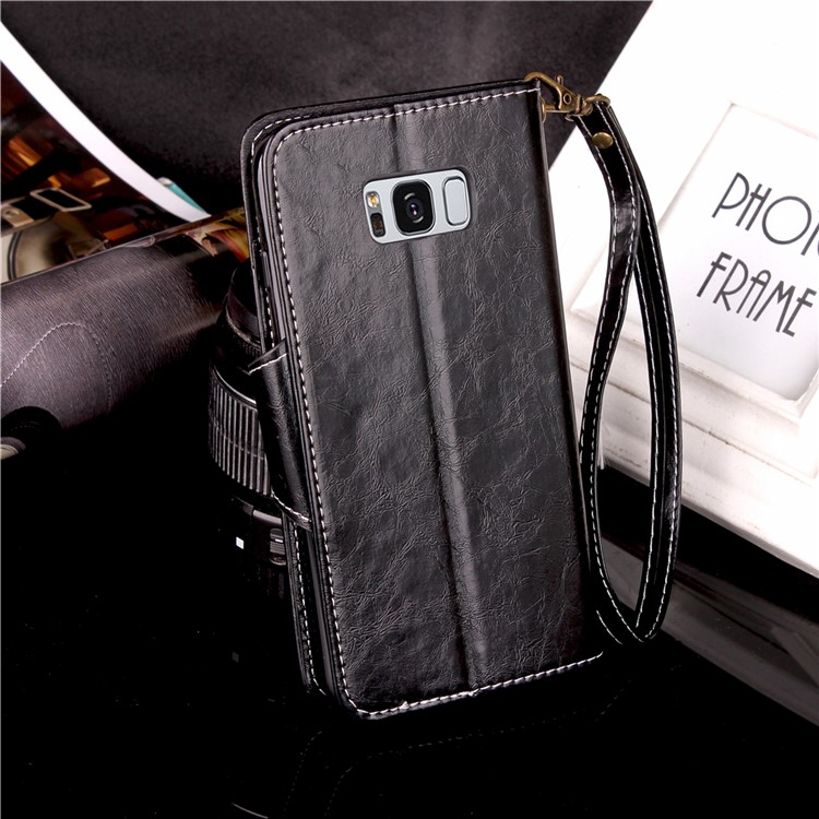 Vintage Style Button Closure PU Leather Wallet Phone Casing with Lanyard for Samsung Galaxy S8 Plus G955 - Black-4