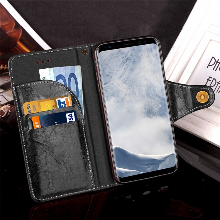 Vintage Style Button Closure PU Leather Wallet Phone Casing with Lanyard for Samsung Galaxy S8 Plus G955 - Black-5