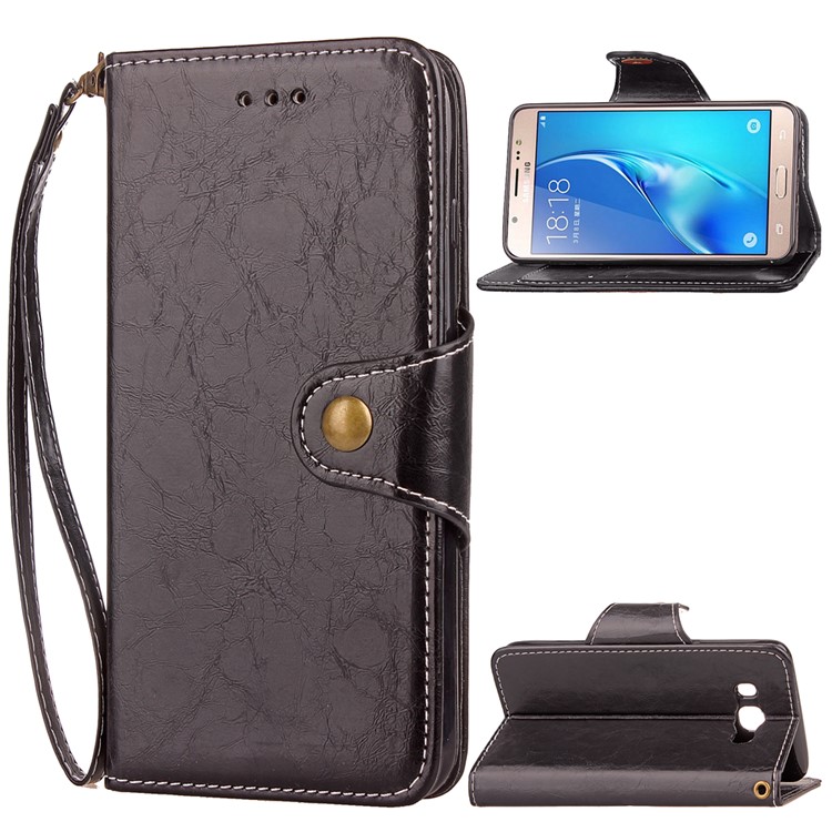 Oil Wax Retro Style Button Closure Wallet Leather Stand Cover for Samsung Galaxy J5 (2016) J510 - Black-1