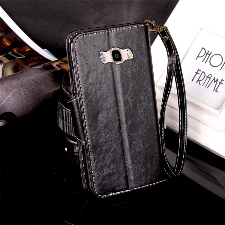 Oil Wax Retro Style Button Closure Wallet Leather Stand Cover for Samsung Galaxy J5 (2016) J510 - Black-4