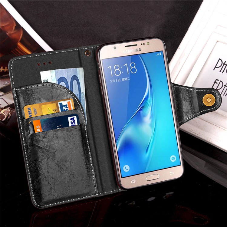 Oil Wax Retro Style Button Closure Wallet Leather Stand Cover for Samsung Galaxy J5 (2016) J510 - Black-5