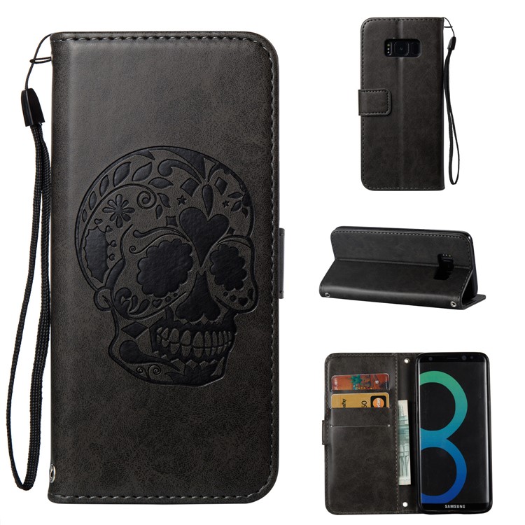 Imprint Skull Flowers Leather Wallet Case for Samsung Galaxy S8 G950 - Black-1