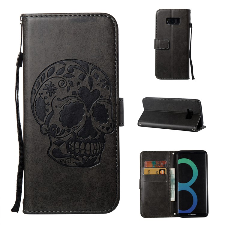 Imprint Skull Flowers Leather Wallet Cover for Samsung Galaxy S8 Plus SM-G955 - Black-1