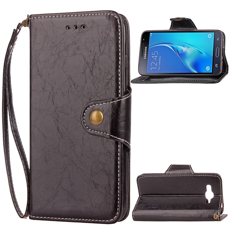 Retro Button Closure Oil Wax Leather Shell with Card Slots for Samsung Galaxy J3 (2016) / J3 - Black-1