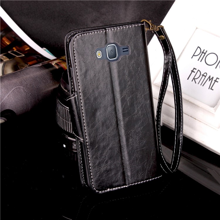 Retro Button Closure Oil Wax Leather Shell with Card Slots for Samsung Galaxy J3 (2016) / J3 - Black-4