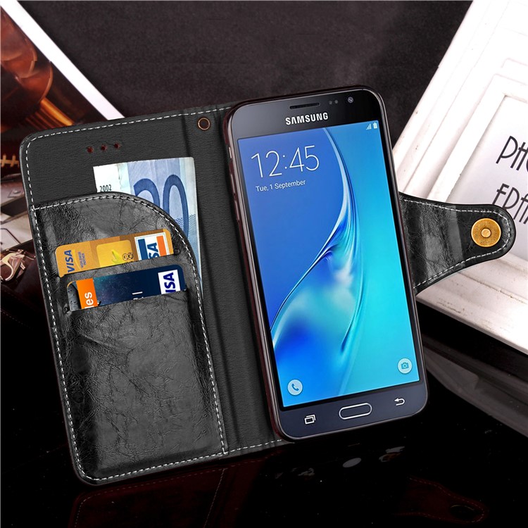 Retro Button Closure Oil Wax Leather Shell with Card Slots for Samsung Galaxy J3 (2016) / J3 - Black-5