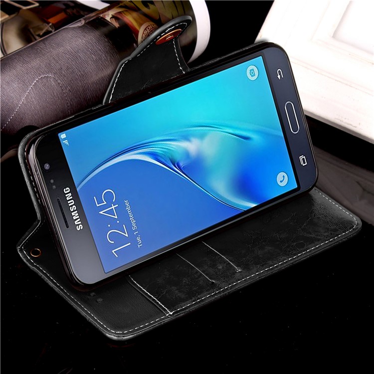 Retro Button Closure Oil Wax Leather Shell with Card Slots for Samsung Galaxy J3 (2016) / J3 - Black-6
