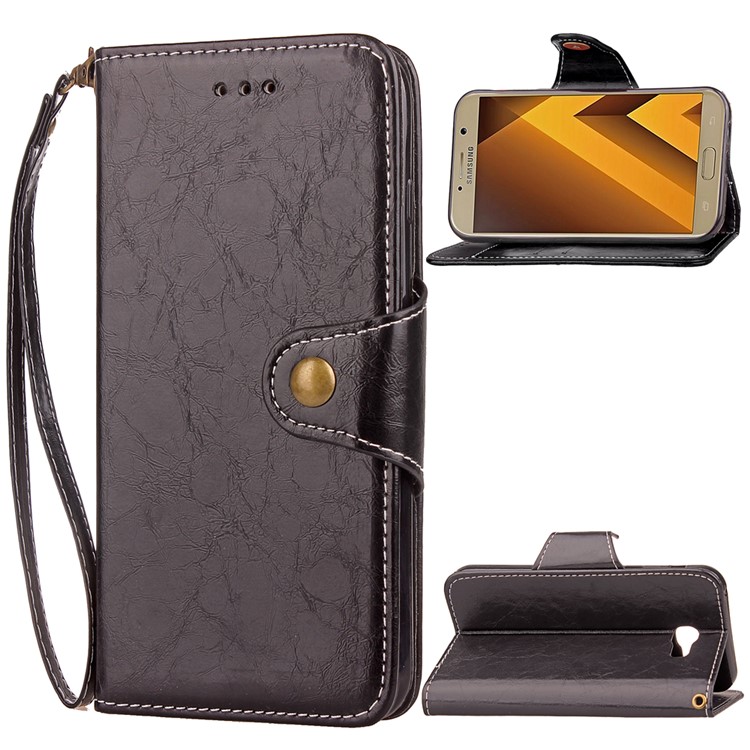 Retro Style Button Closure PU Leather Wallet Mobile Phone Casing with Lanyard for Samsung Galaxy A3 (2017) - Black-1