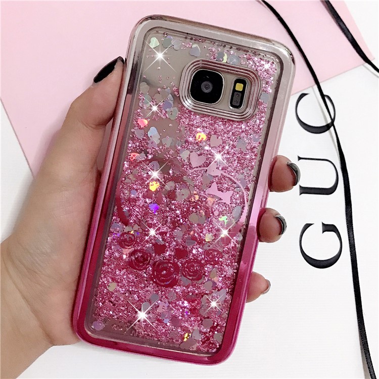 

For Samsung Galaxy S8 G950 Electroplating Edges Liquid Glitter Powder Quicksand TPU Cover - Rose and Heart, Galaxy S8