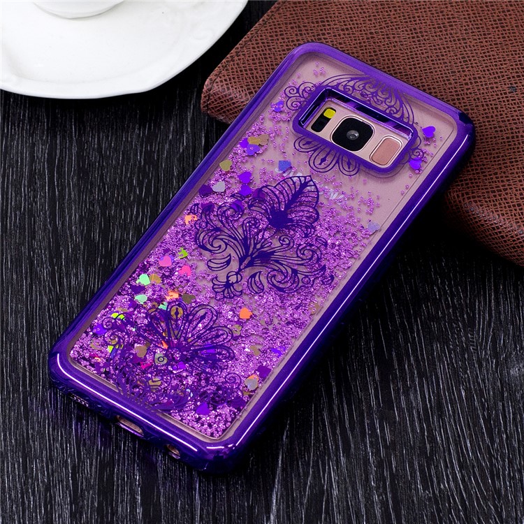 

For Samsung Galaxy S8 Plus SM-G955 Liquid Glitter Powder Quicksand Electroplating Edges Gel TPU Cover - Purple Flower Pattern