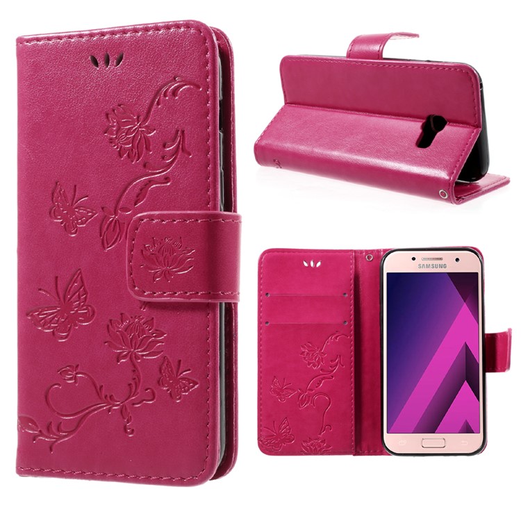 Imprint Butterfly Flowers Magnetic PU Wallet Stand Leather Case for Samsung Galaxy A3 (2017) - Rose-1