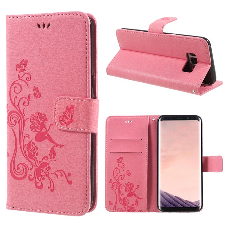 Imprint Elf Butterfly Flowers Magnetic Wallet Leather Stand Case for Samsung Galaxy S8 Plus SM-G955 - Pink-1
