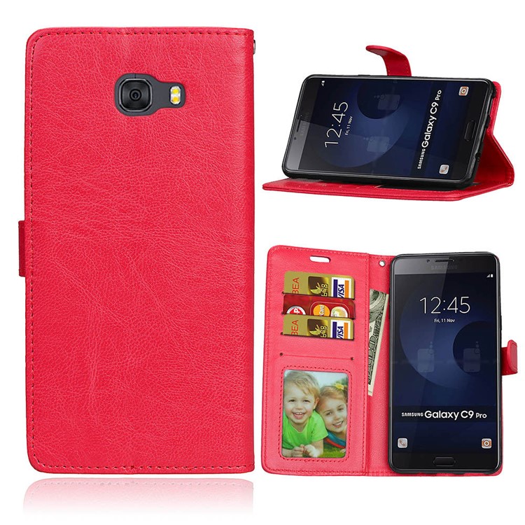 

For Samsung Galaxy C9 Pro Wallet 3 Card Slots Crazy Horse PU Leather Mobile Phone Case - Red
