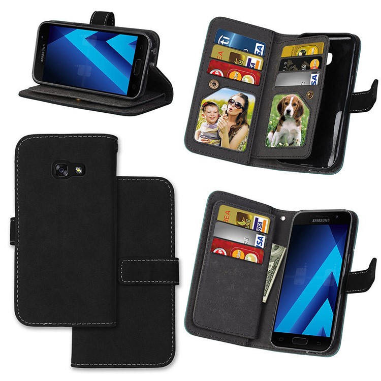 Matte Skin Leather Stand Folio Case with 9 Card Holders for Samsung Galaxy A3 (2017) - Black-1