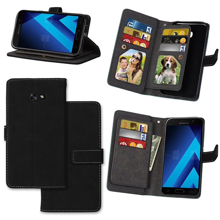 Matte Skin PU Leather Stand Wallet Phone Case with 9 Card Holders for Samsung Galaxy A5 (2017) SM-A520 - Black-1