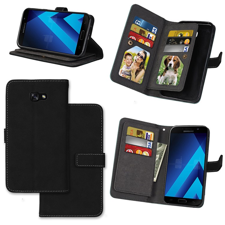 Matte Skin PU Leather Stand Wallet Phone Case with 9 Card Holders for Samsung Galaxy A7 (2017) SM-A720F - Black-1