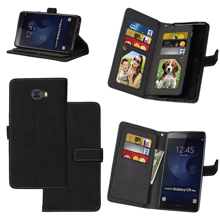 Matte Skin PU Leather Stand Wallet Phone Protection Cover with 9 Card Slots for Samsung Galaxy C9 Pro - Black-1