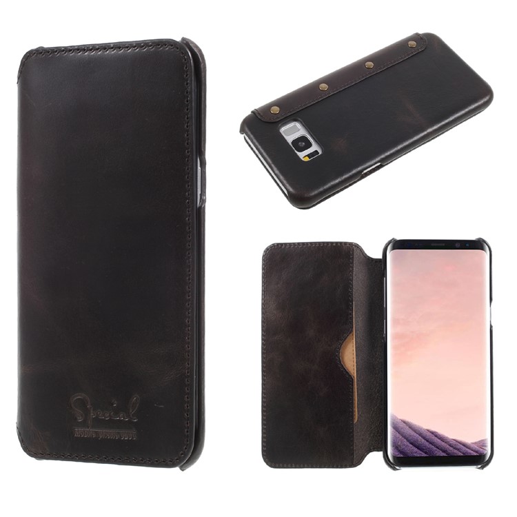 Genuine Leather Wallet Flip Cover for Samsung Galaxy S8+ SM-G955 - Black-1
