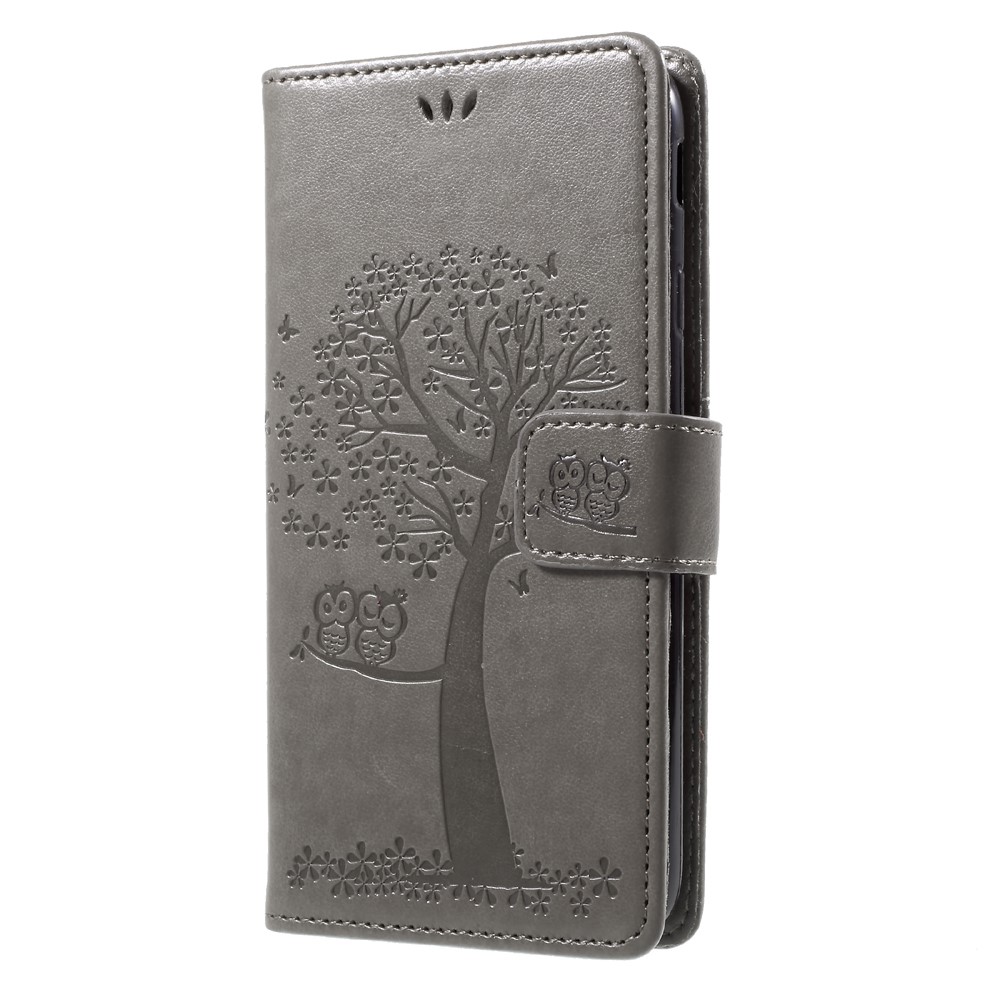 Imprint Tree Owl Magnetic Wallet PU Leather Stand Shell for Samsung Galaxy J7 (2017) EU / Asia Version - Grey-3