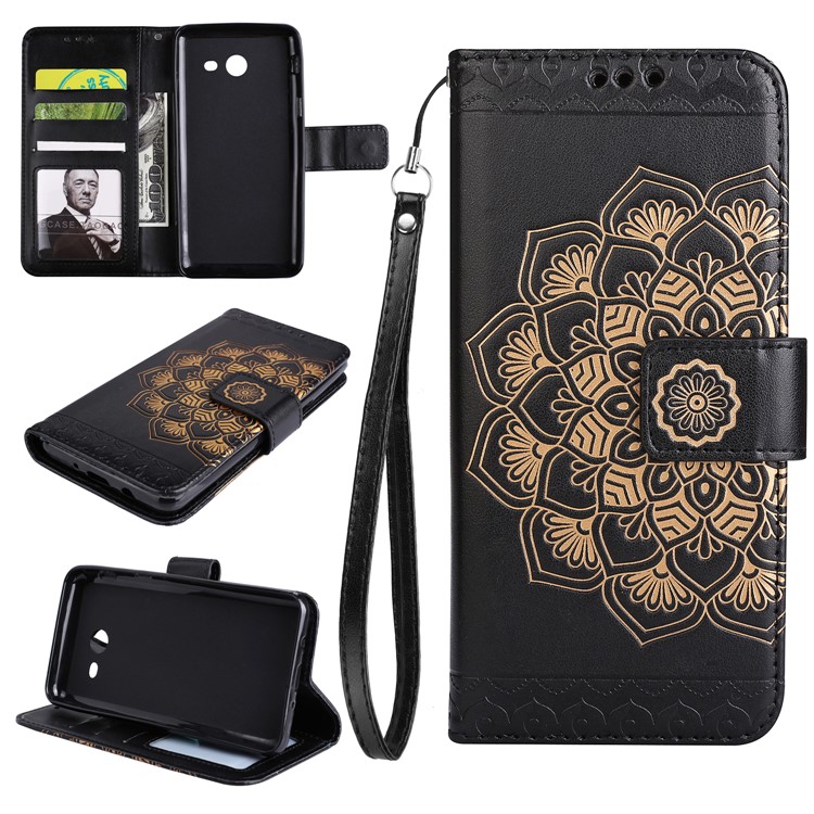 Imprint Henna Lotus Wallet Stand Leather Case with Strap for Samsung Galaxy J5 (2017) J520 US Version - Black-1