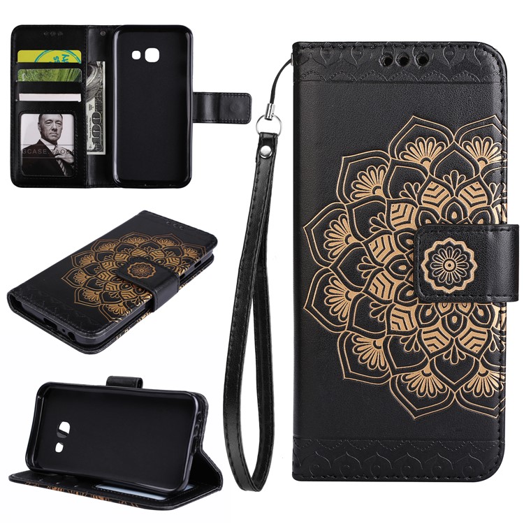 Imprint Henna Lotus Wallet Leather Case for Samsung Galaxy A7 (2017) SM-A720F with Lanyard - Black-1